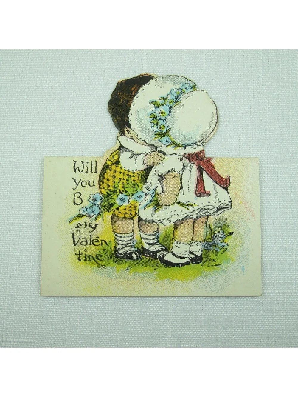 Vintage Valentine Boy Kisses Girl White Bonnet Blue Flowers Cutout Card Stand Up